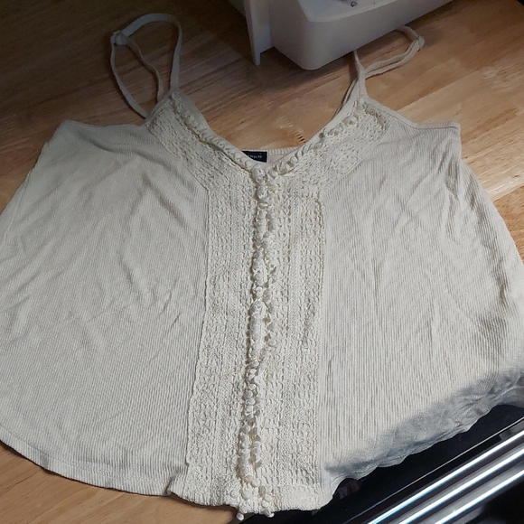American Eagle Ribbed Knit Crochet Cropped Tank Top Adjustable Straps Ivory M - Picture 1 of 8